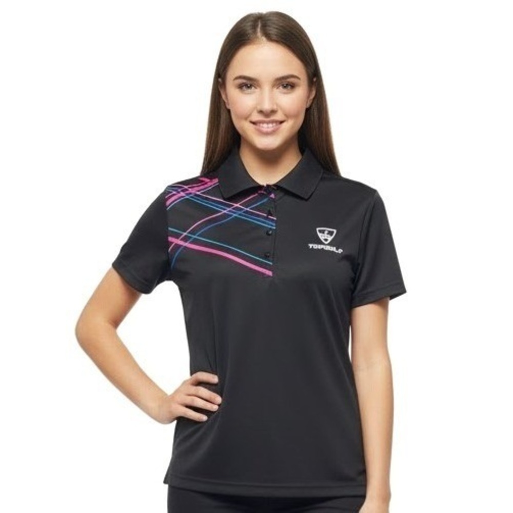 Top Golf Black Polo Shirt Pink Blue Lines Short Sleeve Golf Top Women Size M